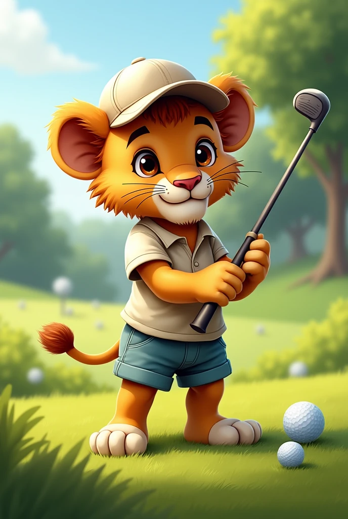 lawn,A lion cub playing golf,Wearing short sleeves and shorts,Little lion wearing a cap
