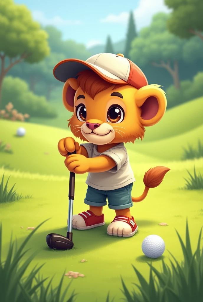 lawn,A lion cub playing golf,Wearing short sleeves and shorts,Little lion wearing a cap