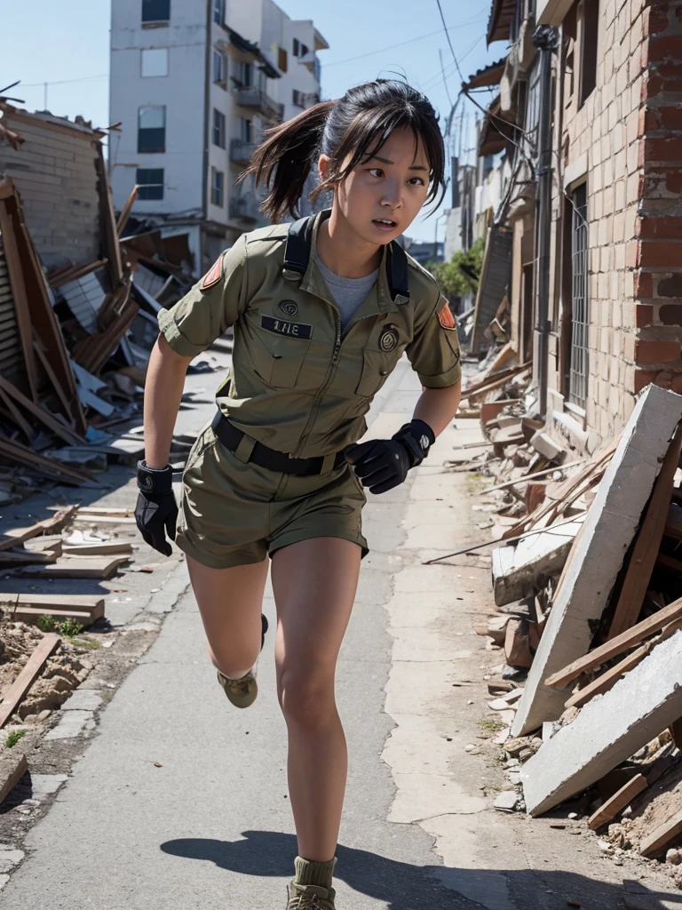 A female soldier runs through a city completely destroyed by an earthquake,Heavy breathing,There's an explosion behind me,