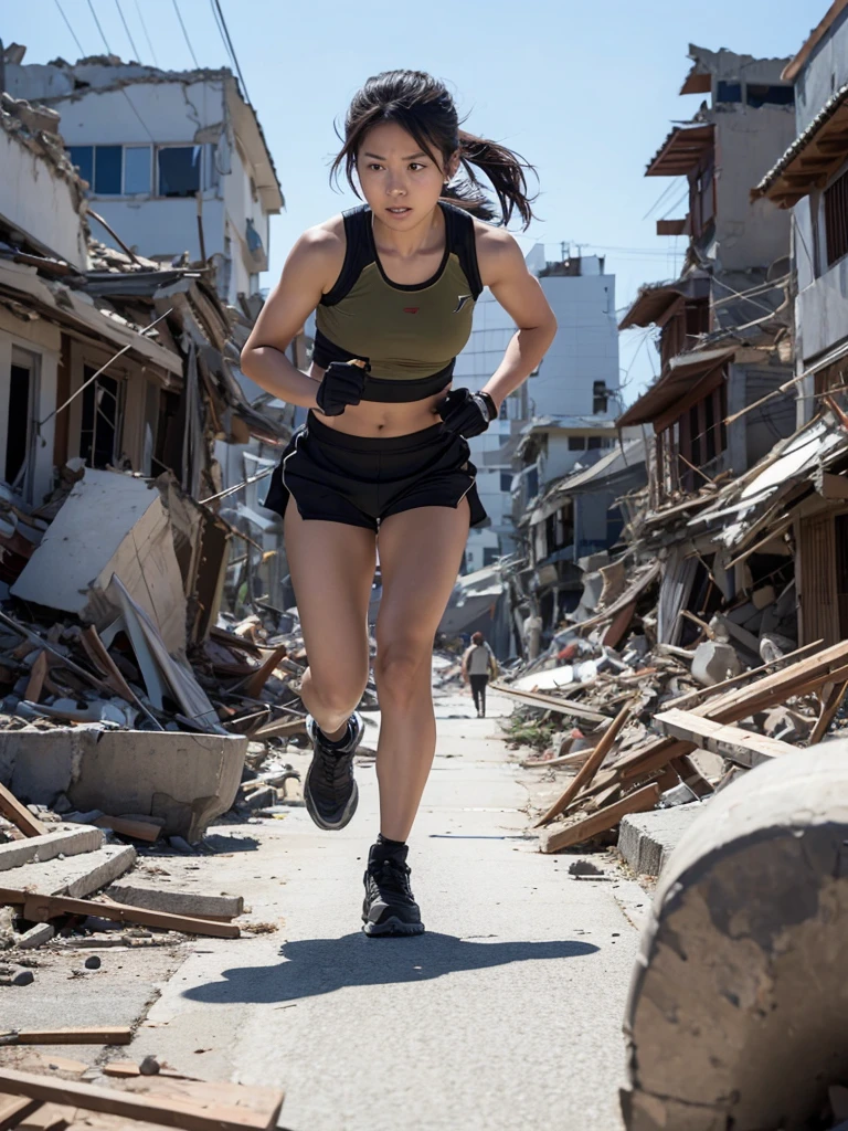 A female soldier runs through a city completely destroyed by an earthquake,Heavy breathing,There&#39;s an explosion behind me,