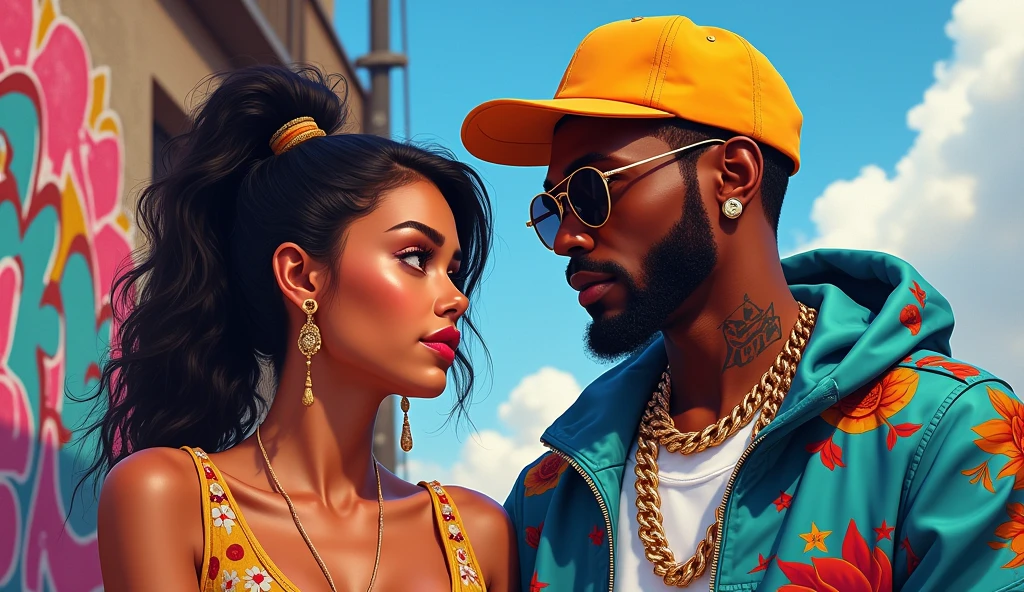 Rapper and、Create a picture of a cute girl next to him。 