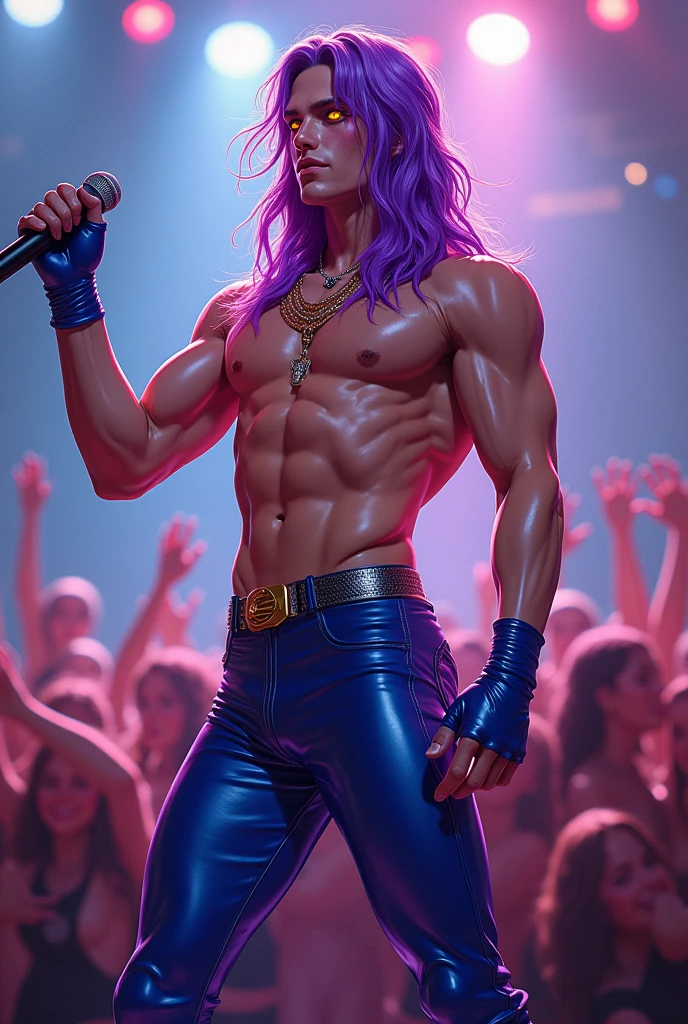 ((zPDXL)), score_9_up, score_8_up, score_7_up, score_6_up, score_5_up, score_4_up, best quality, amazing quality, best aesthetics, absurdities, year2023, hentai nsfw, 1boy, male focus, manhwa, on stage, spot light, crowd, ceiling nagumo, multicolored hair, violet long hair, yellow eyes, tanned skin, happy, singing, on stage, idol clothes, glued latex bodysuit sexy, necklace, idol clothes, fingerless gloves, virile body, holding microphone, manhwa Korea , manhwa boy