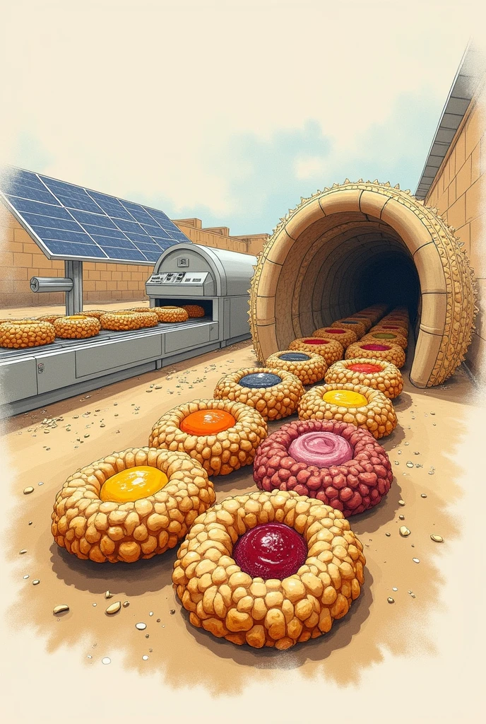 Make a sketch where you can see how cereal cookies look like kiwicha, quinoa, Avena, etc. and fruit filling are cooled in a solar cooling tunnel and packaged with a packaging machine also powered by solar energy..