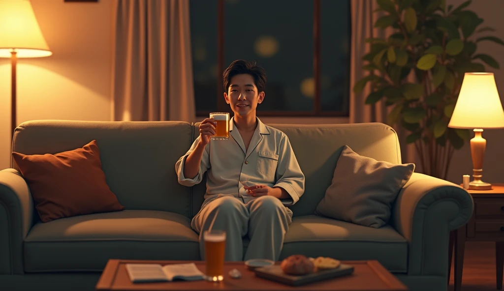 A Japanese salaryman relaxing with a drink in his living room after returning home from work. The scene is realistic, capturing a tired yet relaxed expression after a long day. The salaryman, having changed out of his suit into loungewear, is seated on the living room sofa, enjoying a beer and snacks. The background shows a cozy space lit by warm lighting, reflecting the peaceful mood of a quiet evening at home