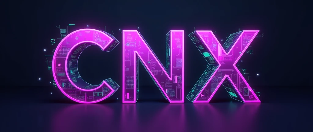 CNX letters in purple with technology inside in weak fluorescent green and transparent background, thicker shape in logo shape