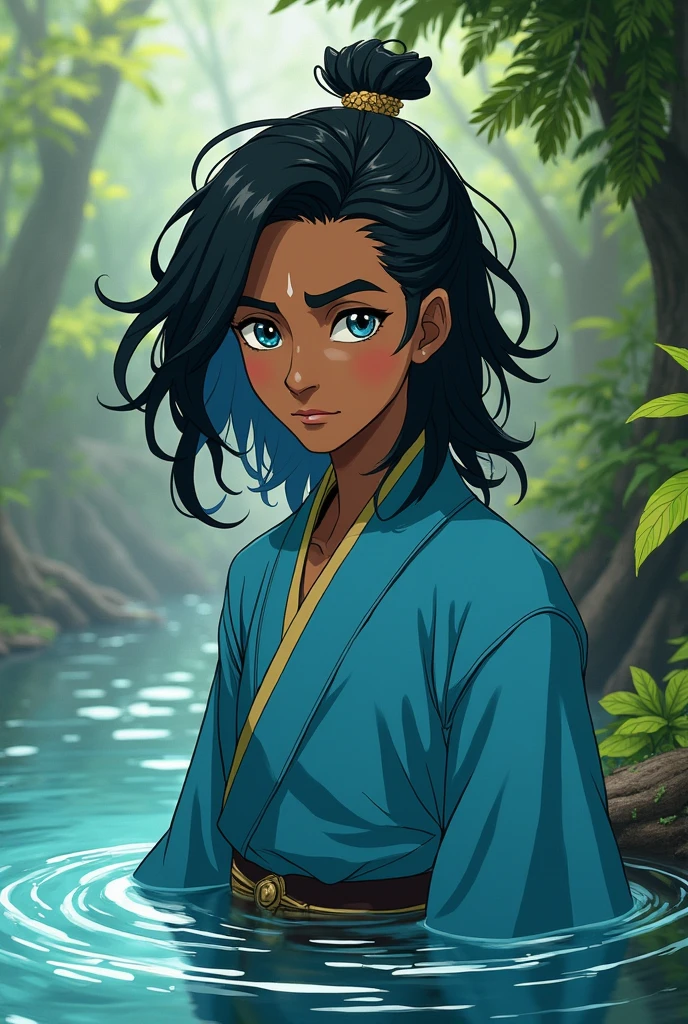 Based on the cartoon Avatar: The Last Airbender, create a waterbending boy who also dominates plants, at the age of , fair brown-skinned, blackquality hair, with one brown eye and one blue eye, with their clothes in blue and turquoise colors