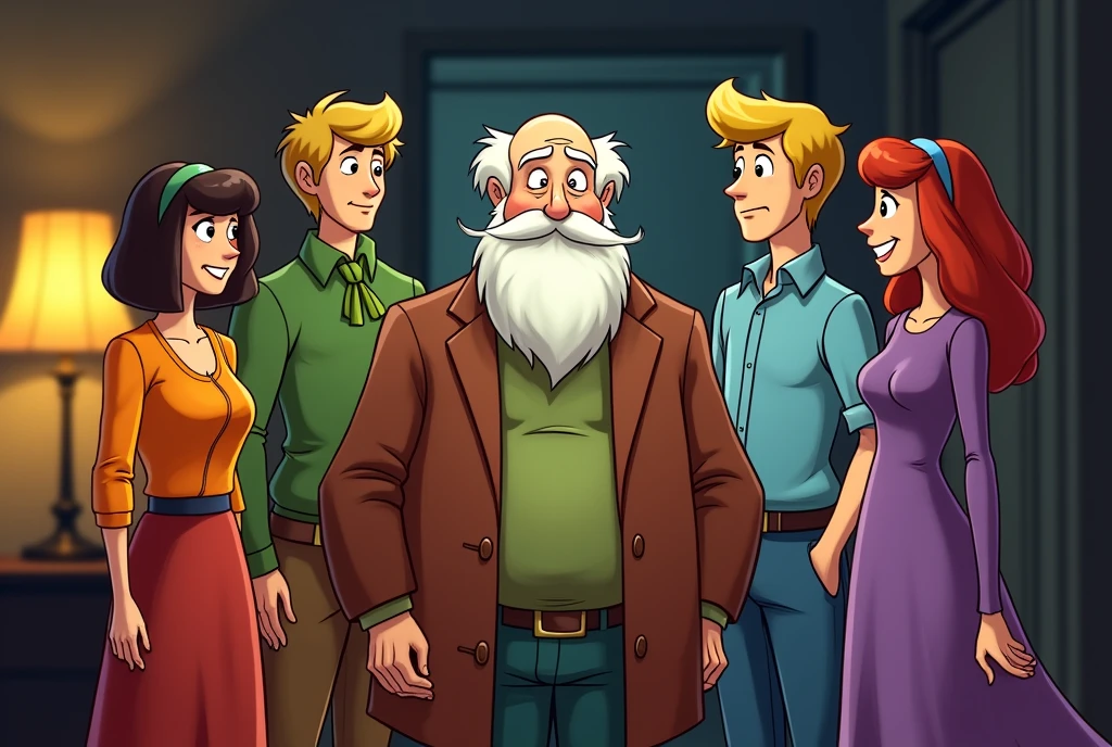 Fritz Perls, psychiatrist, a little chubby, bald with white hair only on the sides, white bearded, thick eyebrows, has some wrinkles. drawing version (in drawing style/animation "scooby doo"). He's with the Scooby Doo gang (1.scooby, The dog; 2.velma, a woman who has short, dark hair, use your eyes, orange blouse and red skirt; 3.Shaggy, skinny man, with red hair, wears a green shirt with brown pants and is a little hunchbacked; 4.fred, Tall man, with blond hair and slightly thin and muscular, wears a blue and white shirt and blue denim pants; and 5.daphne, beautfull woman, slender, redheadwear, who wears purple dresses with a green scarf; 6. Fritz Perls). fritz perls is in the middle and everyone is smiling, They are (6 people and 1 dog) in a slightly dark house, only with the yellowish lighting of lampshades, generating an aura of mystery
