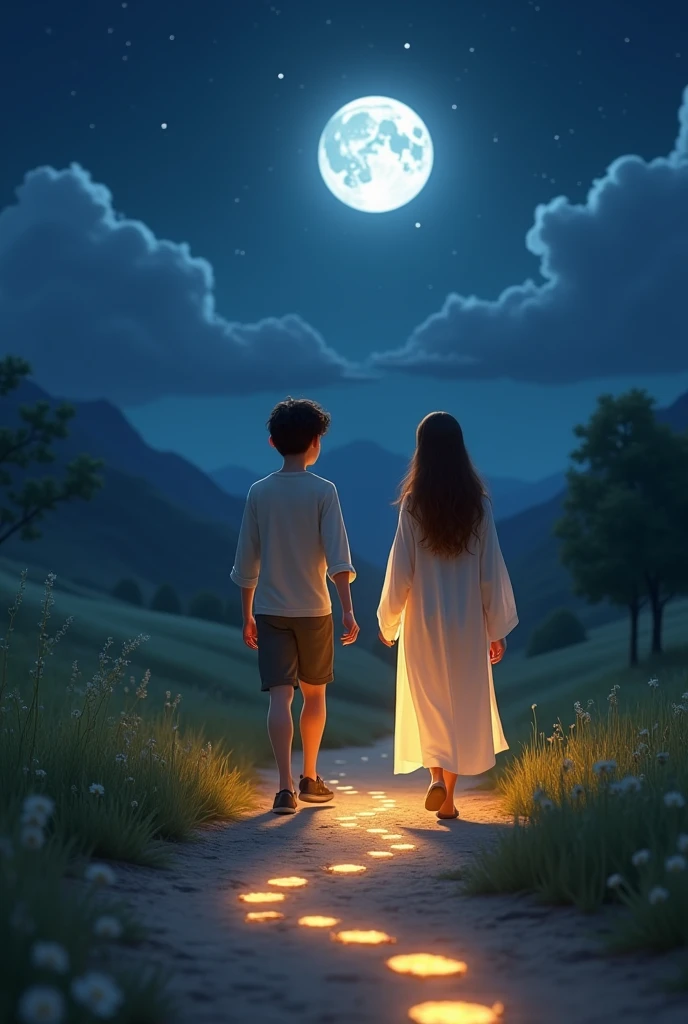Young adult walking on a path at night and Jesus Christ accompanies him; Jesus&#39; footsteps leave shining footprints. Pixar style.