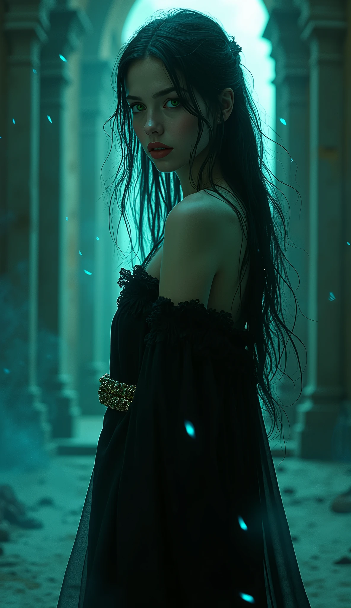 Beautiful woman, realistic, textured skin, slender, long straight dark hair, bright green eyes, ruby red lips, pale skin, vampire fangs, glowing dark robes with cleavage exposed, long legs showing, bright white and blue magic sparkles floating around, dark crypt background, godess, hair and robes magically floating