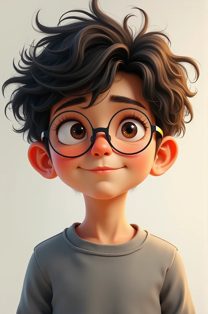 Boy with round glasses and curly black hair wearing a grey sweatshirt