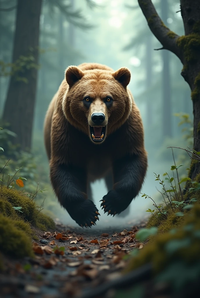 The bear is running scaredly