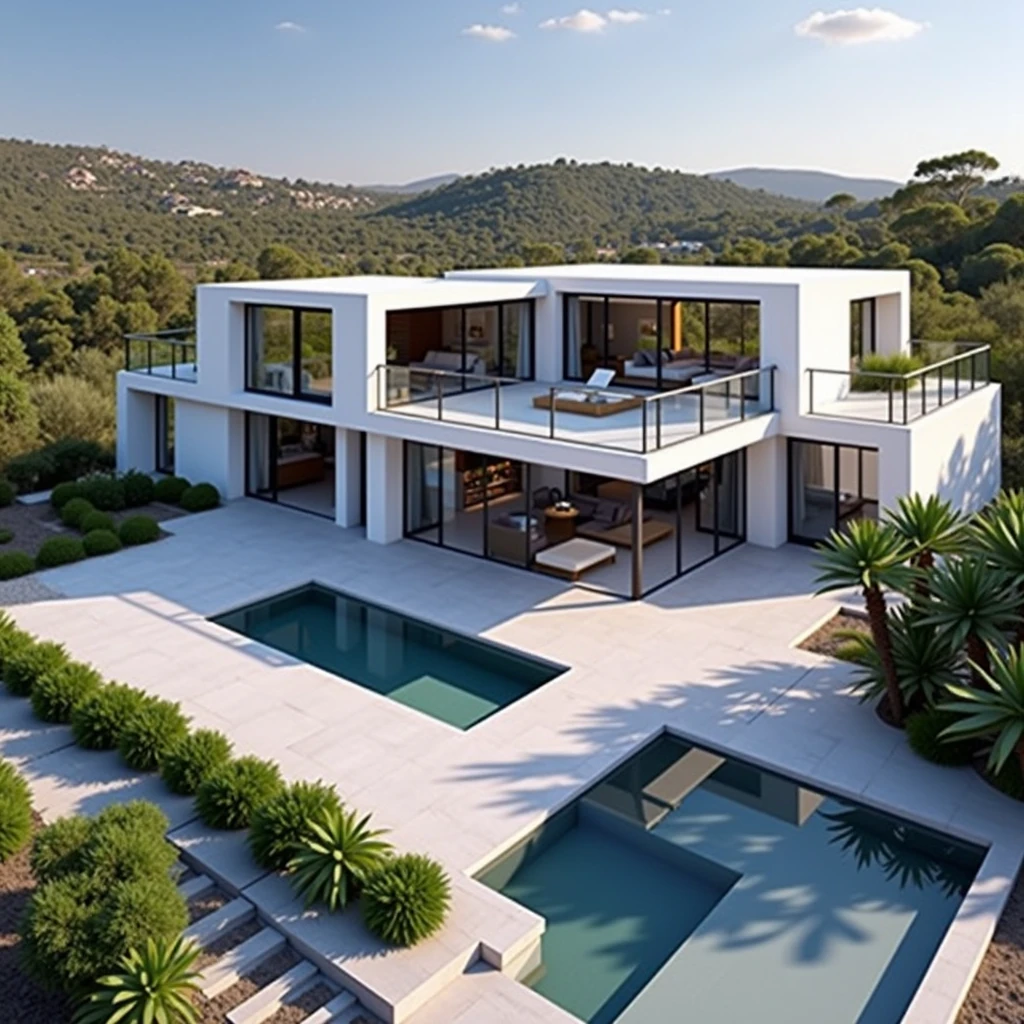 RAW photo,Masterpiece, high quality, best quality, realistic, super detailed, exterior, a modern style villa(Minimalist lines,Architecture: Using minimalist lines and shapes learn clearly. Materials: Combination of glass, concrete, and natural wood. Open space: The living room and kitchen are connected, using large glass doors to take advantage of natural light. Outdoor area: Small swimming pool and green garden with native plants. modern:1.2),(white wall:1.1), glass railings, glass windows, trees, grass , ((sunset)), sky, vivid colors, (high detail :1.2), 8k uhd, dslr, soft light, high quality, film grain, Fujifilm XT3Negative