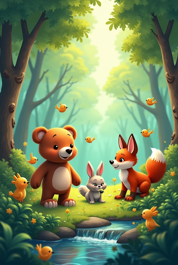 Create a cartoon where there is a teddy bear, a rabbit, 6 little birds and a little fox in a forest.