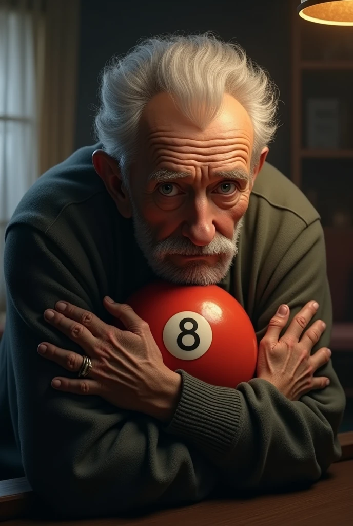 An old man lovingly hugging an 8 ball