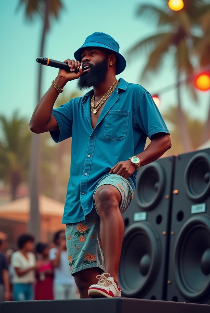 Full Body of a Caribbean Black Man with olive skin, without beard
Dancehall Music Singer, Blue Color bucket Hat, a blue shirt, taking a singing position with one microphone in his Hand,one feet on a woofer, against two soundsystem subwoofers as if he is singing in reality, People are watching him, summer clothes, bokeh background, caribbean outdoors background, attire,3D effect through expert shading, smooth textures, vivid colors, Hourglass Shape,16k, digital art