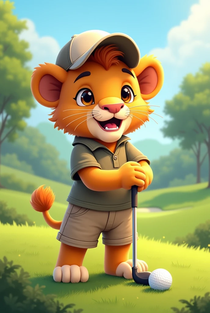 lawn,A lion cub playing golf,Wearing short sleeves and shorts,Little lion wearing a cap