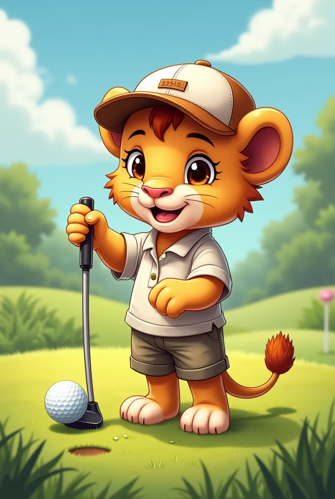 lawn,A lion cub playing golf,Wearing short sleeves and shorts,Little lion wearing a cap