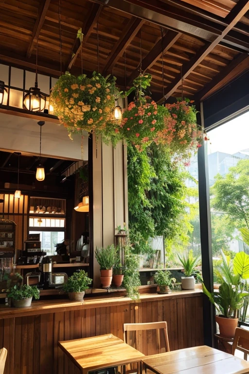 Retro Pure Cafe、 Retreat、Sunny Day、Foliage plant、Antique wooden interior、A relaxing space、Natural environment、Dried flowers hanging、The building is just a coffee shop、Antique lighting、
