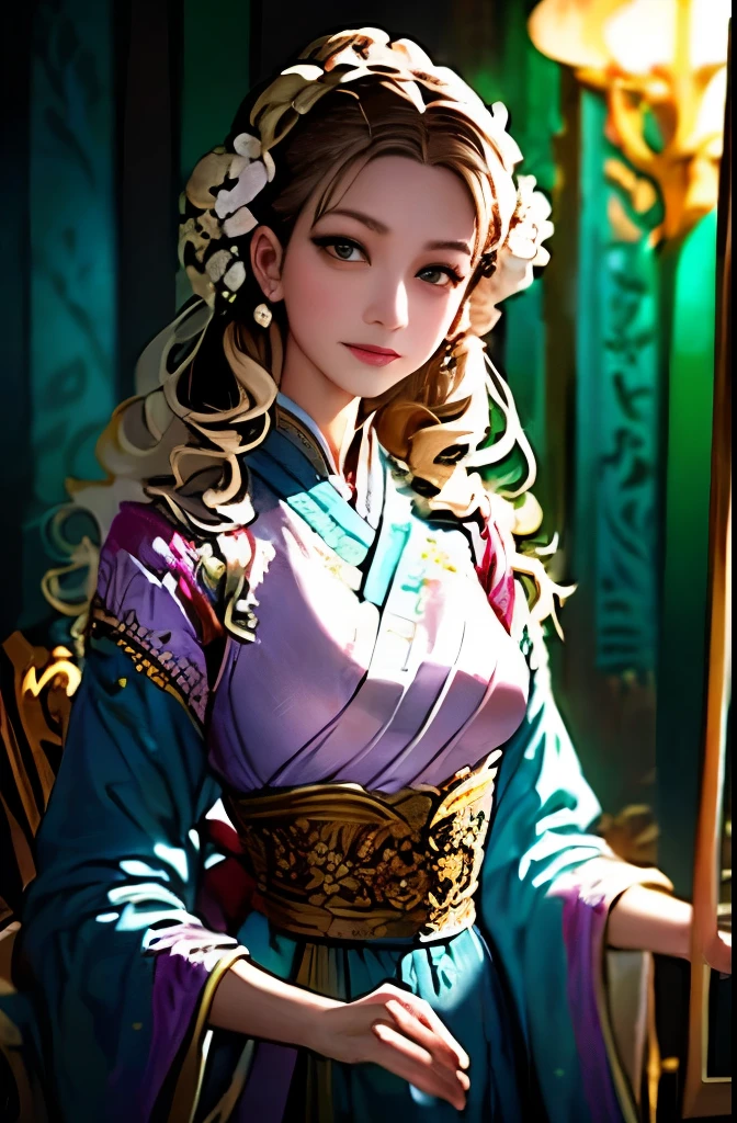 painting of a woman in a traditional dress standing in a field, a detailed painting by Sheng Maoye, trending on cgsociety, cloisonnism, traditional beauty, beautiful character painting, traditional art woman, traditional art, ruan jia beautiful!, traditional painting, painting of beautiful