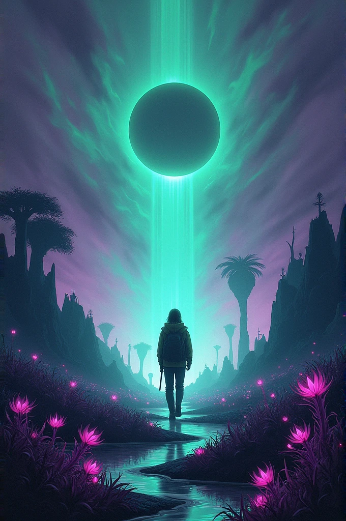 The protagonist steps out of the portal into a strange, glowing landscape. The sky is a mix of purples and greens, and floating islands hover in the air. Strange, bioluminescent plants illuminate the ground, casting eerie shadows.