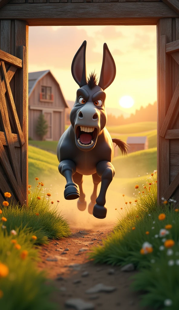 Draw a donkey leaving the stable heading into the field on a farm. The farm should be picturesque and detailed, with green fields and a sunrise sky with soft orange and pink tones, in a 3D animated style.