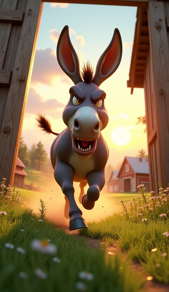 Draw an angry donkey rushing out of the stable towards the field on a farm. The farm should be picturesque and detailed, with green fields and a sunrise sky with soft orange and pink tones, in a 3D animated style.