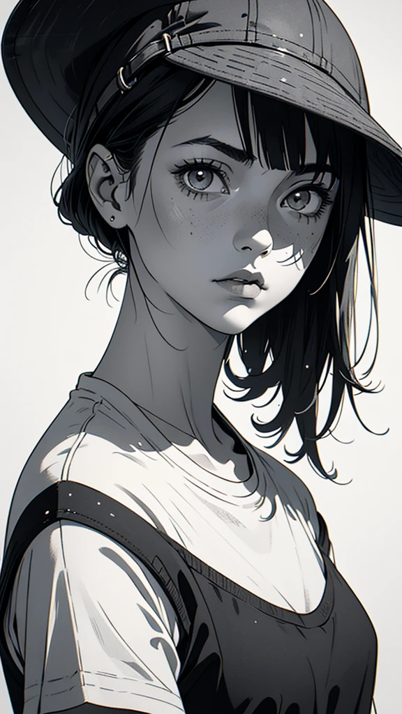 1 boyish girl, solo, sharp eyes, monochrome, greyscale, short black hair, portrait, white T-shirt, Thin eyebrows, closed mouth, looking at viewer, graphite \(medium\), detailed lips, hatching \(texture\), without makeup, bangs, upper body, (best illustration), (best quality), (very detailed), (masterpiece), expressionless,