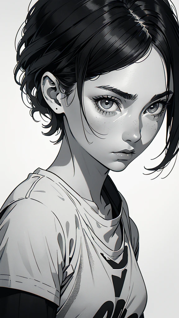 1 boyish girl, solo, sharp eyes, monochrome, greyscale, short black hair, portrait, white T-shirt, Thin eyebrows, closed mouth, looking at viewer, graphite \(medium\), detailed lips, hatching \(texture\), without makeup, bangs, upper body, (best illustration), (best quality), (very detailed), (masterpiece), expressionless,