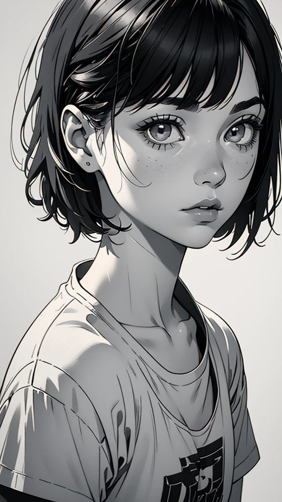 1 boyish girl, solo, sharp eyes, monochrome, greyscale, short black hair, portrait, white T-shirt, Thin eyebrows, closed mouth, looking at viewer, graphite \(medium\), detailed lips, hatching \(texture\), without makeup, bangs, upper body, (best illustration), (best quality), (very detailed), (masterpiece), expressionless,