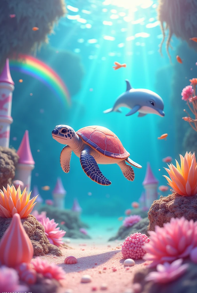 Sea turtle and dolphin swimming happily on the seabed with bright lighting, Pink color predominates, light blue, yellow and orange, with candy, multicoloured castles and rainbows 