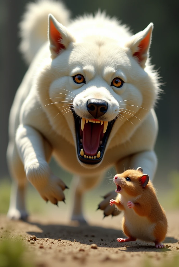 Create a dynamic scene of a white dog mid-attack on a small brown hamster. The dog’s sharp teeth are bared, and its eyes focused intently on the hamster, who looks terrified. The hamster should appear small and vulnerable, cowering with wide eyes and raised paws, as it attempts to defend itself. The background should be a simple outdoor setting, such as grass or dirt, with a sense of tension in the air.