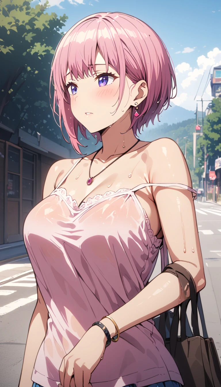 (Highest quality, 4K, 8k, High resolution, masterpiece:1.2), Very detailed, Picturesque, Animated Photography, Photo Animation:1.37)、after the rain、Japanese schoolgirl、(Pink Hair)、(Pixie Cut)、wet camisole、strap slip、wet hair、Earrings、necklace、bracelet、Carry a bag、Nakano Ichika
