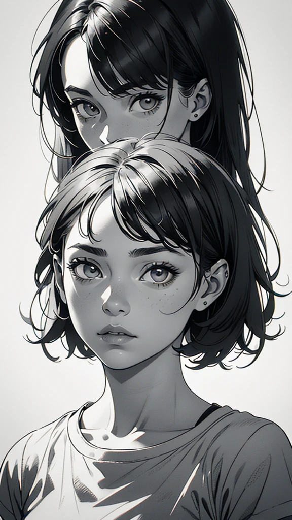 1 boyish girl, solo, sharp eyes, monochrome, greyscale, short black hair, portrait, white T-shirt, Thin eyebrows, closed mouth, looking at viewer, graphite \(medium\), detailed lips, hatching \(texture\), without makeup, bangs, upper body, (best illustration), (best quality), (very detailed), (masterpiece), expressionless,