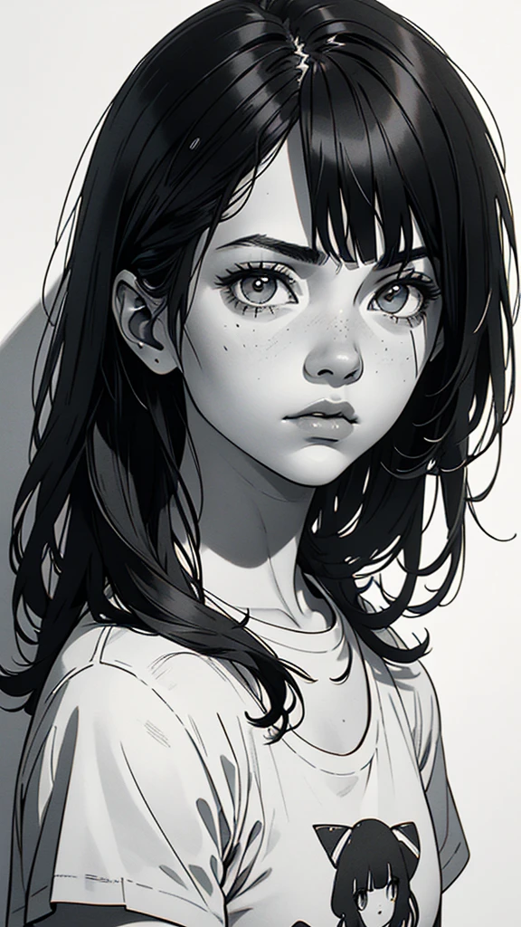 1 boyish girl, solo, sharp eyes, monochrome, greyscale, short black hair, portrait, white T-shirt, Thin eyebrows, closed mouth, looking at viewer, graphite \(medium\), detailed lips, hatching \(texture\), without makeup, bangs, upper body, (best illustration), (best quality), (very detailed), (masterpiece), expressionless,