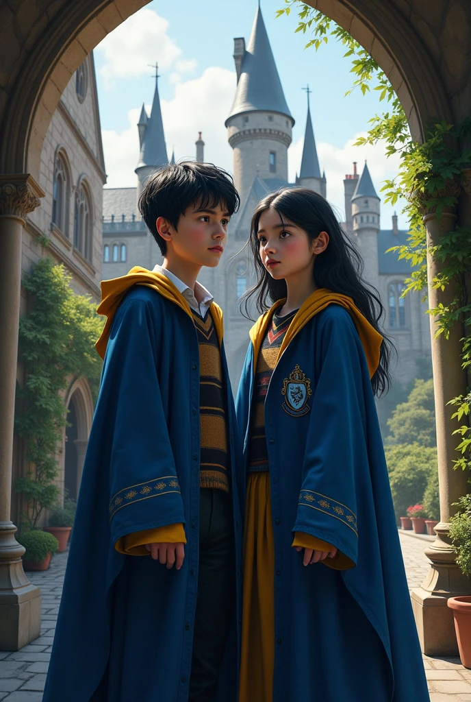 A short black-haired wizard and a short black-haired witch from Ravenclaw House 
