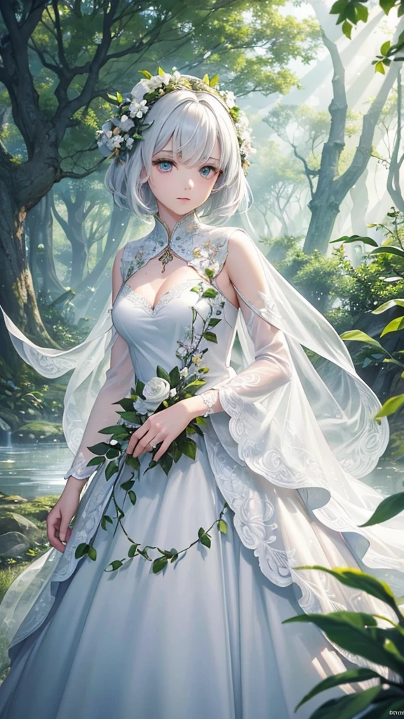 "Create a digital anime style illustration of a beautiful forest goddess。, Short White Hair. She wears a detailed white dress decorated with leaf and floral patterns.., Perfect for a fantasy theme. The dress design is active.,  Cover with additional fabrics and natural elements such as leaves and vines. Characters should have an elegant and mature appearance, like fairies., Look around 2, A calm look with expressive eyes. There is a rich background, A mysterious forest woven with soft light and shining plants, Enhance the mystical atmosphere."