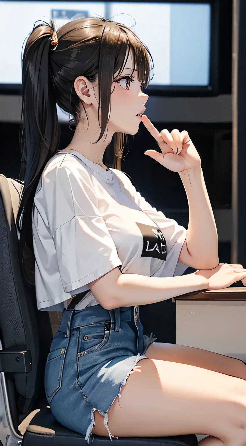 (side view), the girl with long black hair, (ample breasts), wearing a white T-shirt and denim shorts, sitting on a chair in a TV studio. She talking seriously with a photographer. ((Her mouth is covered with her hands)). Sad face, Pointing Fingers to something. in summer