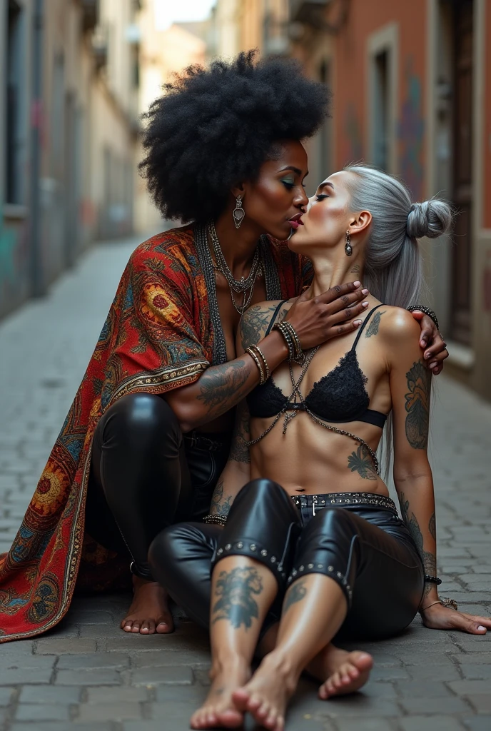 Three russian old  milf women: the strong, muscular , dominant dark skinned gipsy woman (black afro, long african traditional colourful tunic, barefoot), squatting with possessive stance (arms around her two girlfriends' necks). At her feet, lying on the ground,her two caucasian girlfriends (pale faces, pale necks, pale chest, pale stomach, pale arms, pale hands, pale feet) groping and kissing each other,  weak, light grey hair, submissive and needy, feeling defeated and needy, in laid back postures  with hands touching their thongs or their necks or chest, looking at each other with open mouths, arched back,  different clothes but all wearing clothes in rock chic style. grey hair (bouffant, top bun, shaved sides). Big lips.  Black lace push up bras, silicone breasts,, low rise skinny leather jeans. Both Barefoot.. Lots of thick wide studded bracelets, chain necklaces and big rings,. Long earrings with chains and feathers. Chains around their hips. Lounging lazily on the ground with bended knees, separated legs and arched backs. Lazy, leaning back, laid back pose, separated legs. Neck tattoed,  chest tattoed, stomach tattoed, feet, hands, arms and wrists heavily tattoed.  Toned abdominals, thin neck, slim legs and thin arms. Narrow hips. Both, open legs. Full body. At a Madrid narrow street with graffitied walls. 