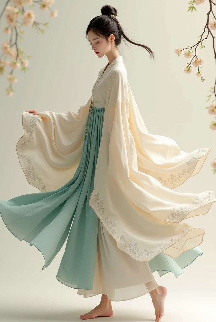 A Korean wearing a flowing hanbok that is beautiful to look at, with thin legs and small chest 