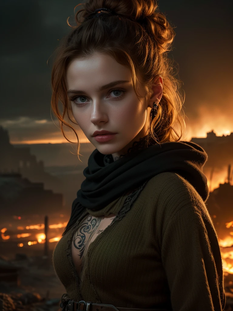 very detailed, 16K high resolution, incredibly detailed image, cinematic, best quality, masterpiece, realistic, detailed face, detailed background, dramatic lighting, A girl, 2, she is alone, beautiful, natural ginger hair, straggly and messy wavy hair. Extremely detailed facial expressions with sharp and piercing green eyes. A delicate, slightly cheeky face, subtly made up. ((She is tattooed and pierced, large tubes in her ears.)), She has (very small breasts) and a slim figure, in good shape. Dark lighting conditions, the world is destroyed after a war (end-time mood like in Mad Max). She is in an old destroyed city. Flames and clouds of smoke in the background. Her outfit is similar to the outfit of Vii, from the series Arcane. She has a belt around her waist.