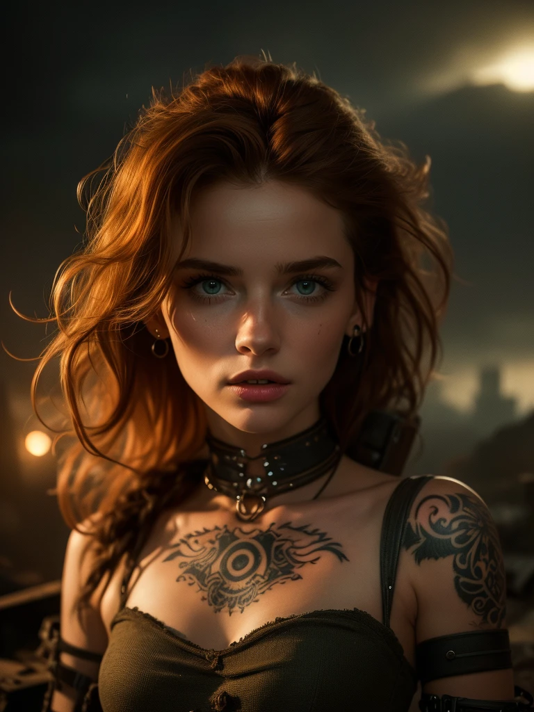 very detailed, 16K high resolution, incredibly detailed image, cinematic, best quality, masterpiece, realistic, detailed face, detailed background, dramatic lighting, A girl, 2, she is alone, beautiful, natural ginger hair, straggly and messy wavy hair. Extremely detailed facial expressions with sharp and piercing green eyes. A delicate, slightly cheeky face, subtly made up. ((She is tattooed and pierced, large tubes in her ears.)), She has (very small breasts) and a slim figure, in good shape. Dark lighting conditions, the world is destroyed after a war (end-time mood like in Mad Max). She is in an old destroyed city. Flames and clouds of smoke in the background. Her outfit is similar to the outfit of Vii, from the series Arcane. She has a belt around her waist.