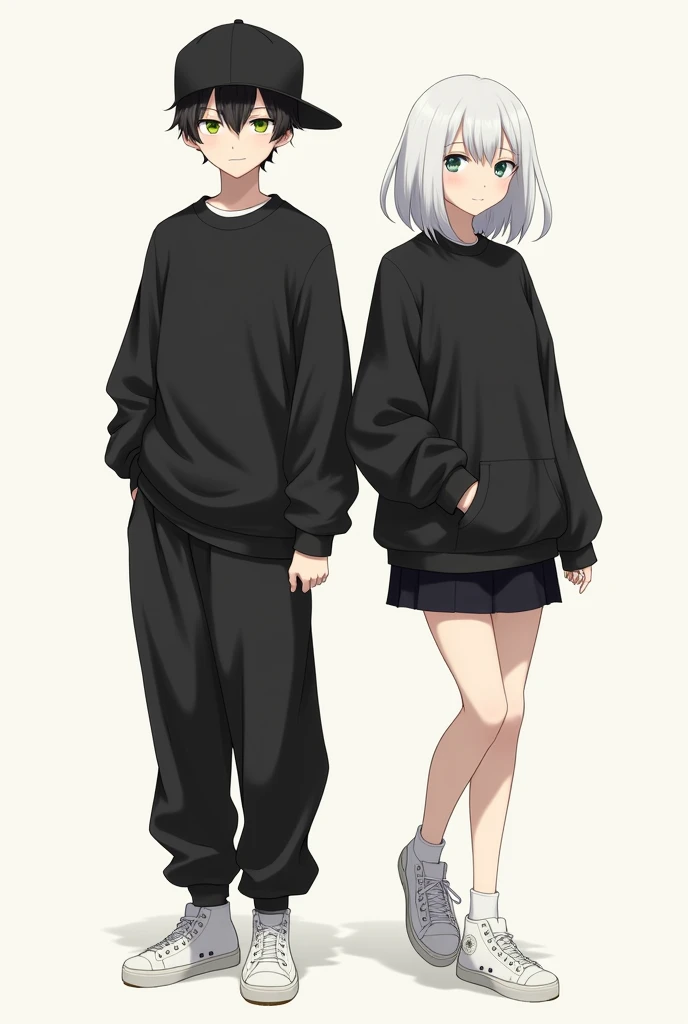 Image of a realistic boy with pale skin, olive green eyes, black hair, a black sweatshirt and baggy pants and white tennis shoes with a black cap, and next to him is a girl with white hair and a short black skirt, white high-top tennis shoes and a short black blouse. 
