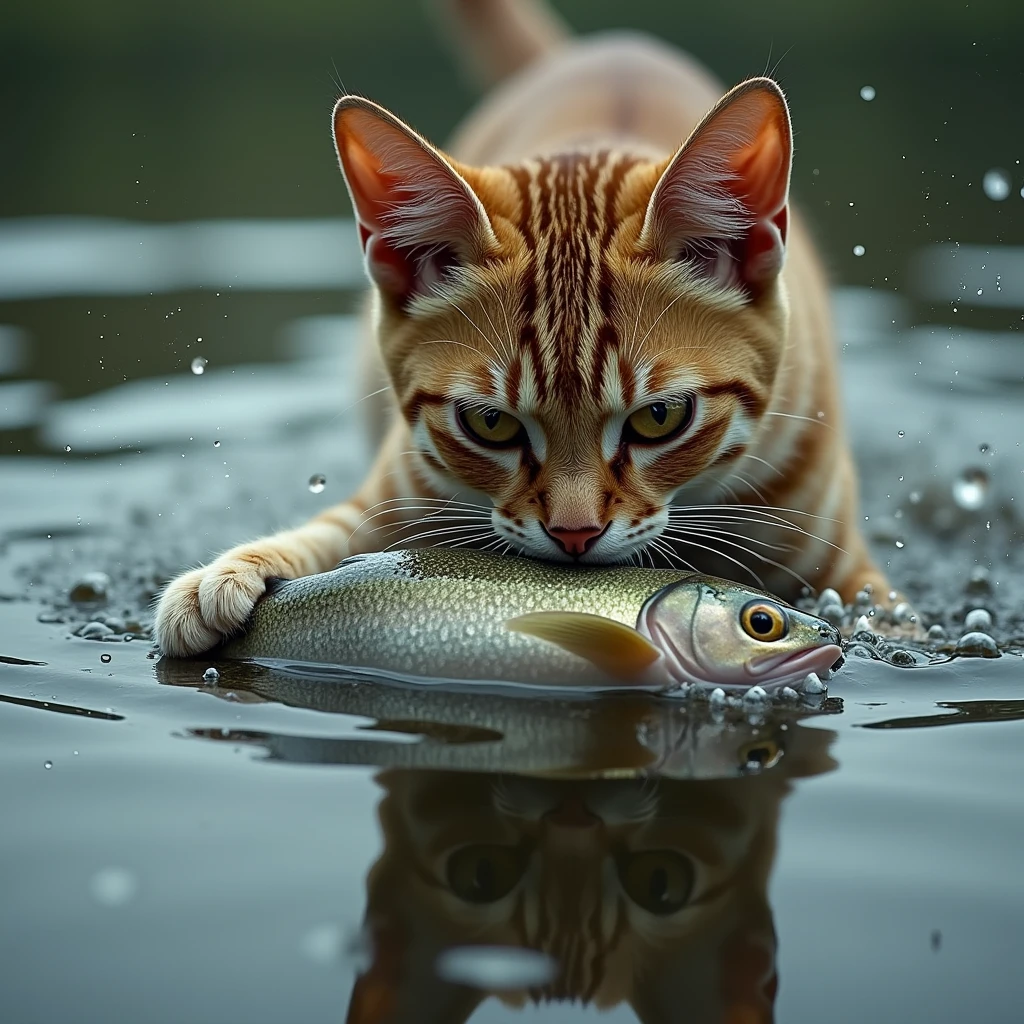 Cat catching fish，Action Photography，close up