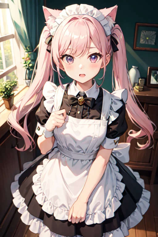 Light pink hair、Twin tails、Maid clothes、One Girl、Cat ear