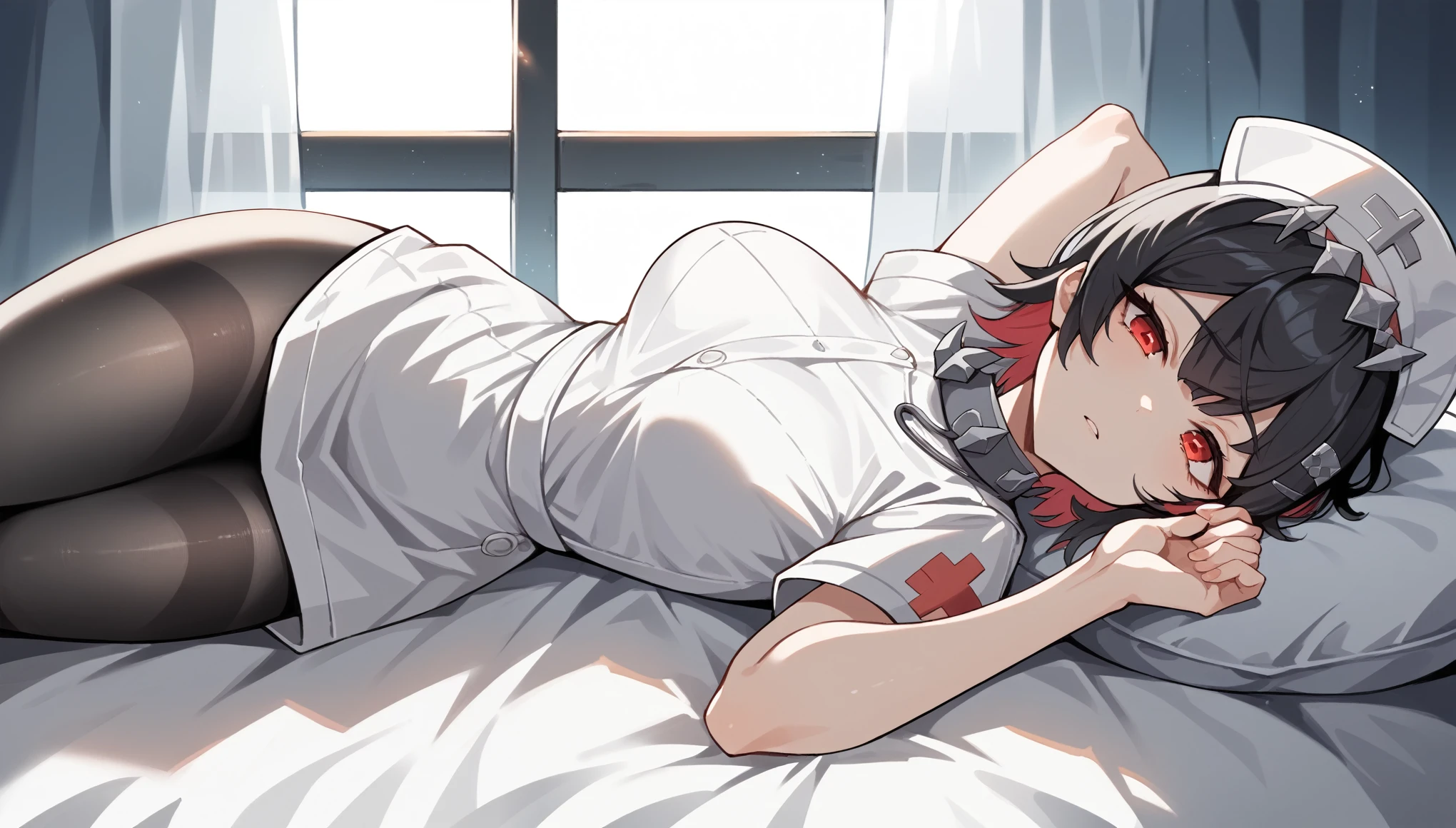 masterpiece,high resolution,Anime Art,Anime Numbers, 4k anime wallpaper,Soft Light,Radiant Skin,Looking at the camera,Solitary,An anime girl,Lying on a white hospital bed,Firm chest,Black hair,Striped hair,Red eye with a black spot under it,Nurse uniform,Black pantyhose,Ward