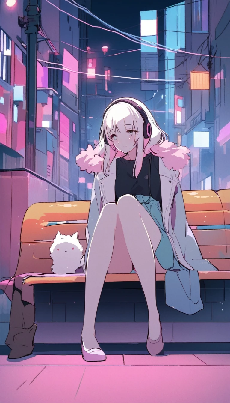 "A cute anime-style girl sitting on an urban bench, embodying a lo-fi, nostalgic atmosphere. She has fluffy, long, wavy light-colored hair, wearing headphones, and a casual outfit: a dark shirt or dress with a loose coat that reaches above her knees. Her legs are slender and elegant. The background features a street with buildings and utility poles, drawn with minimal lines and pastel colors, evoking a soft, bright, and relaxed vibe. The scene incorporates elements of a cyberpunk world, blending modern urban life with a slightly futuristic, nostalgic feeling."