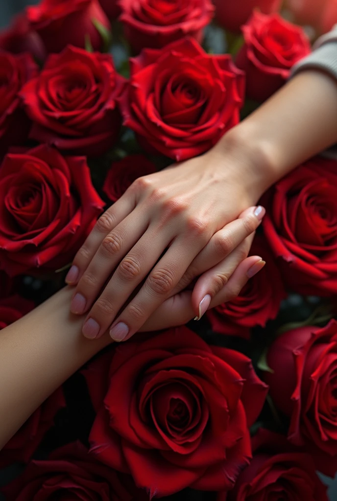 Male hand holding Female hand on top of a bouquet of natural red roses