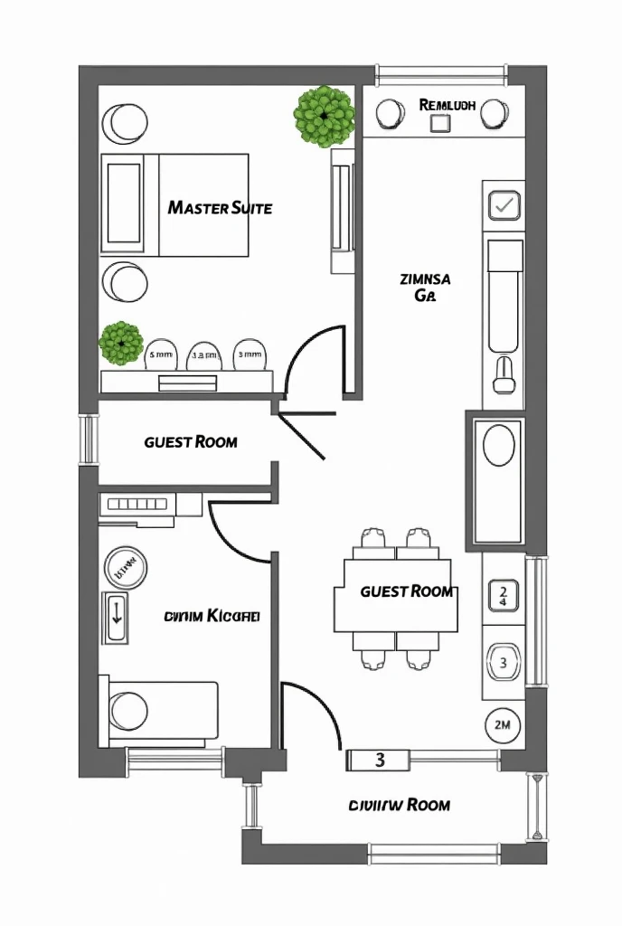 Por favor, make a floor plan for a house 17 meters long by 4,5 meters wide. Must have a suite room, a guest room, a guest bathroom, Living Room and Kitchen.
Include the measurements of each room in the plan.
