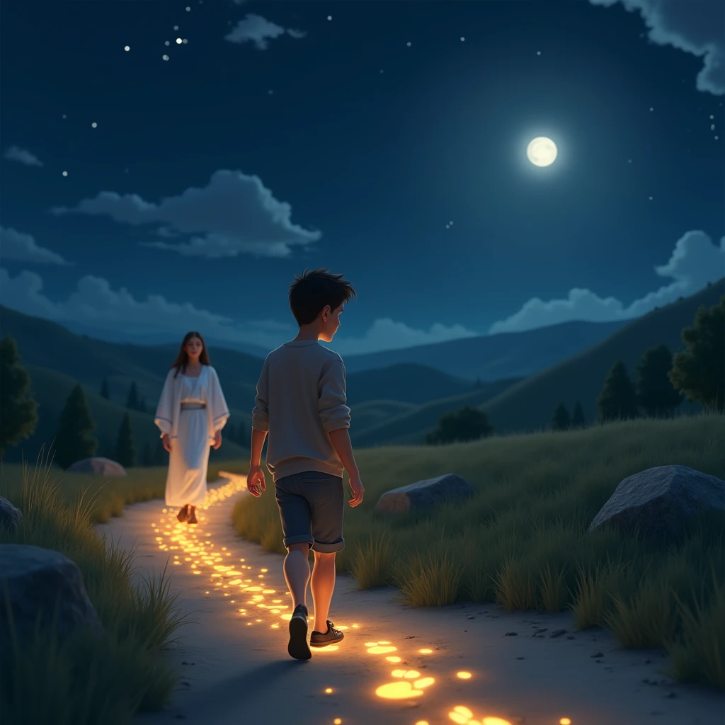 Young adult walking on a path at night and Jesus Christ accompanies him; Jesus' footsteps leave shining footprints. Pixar style.
