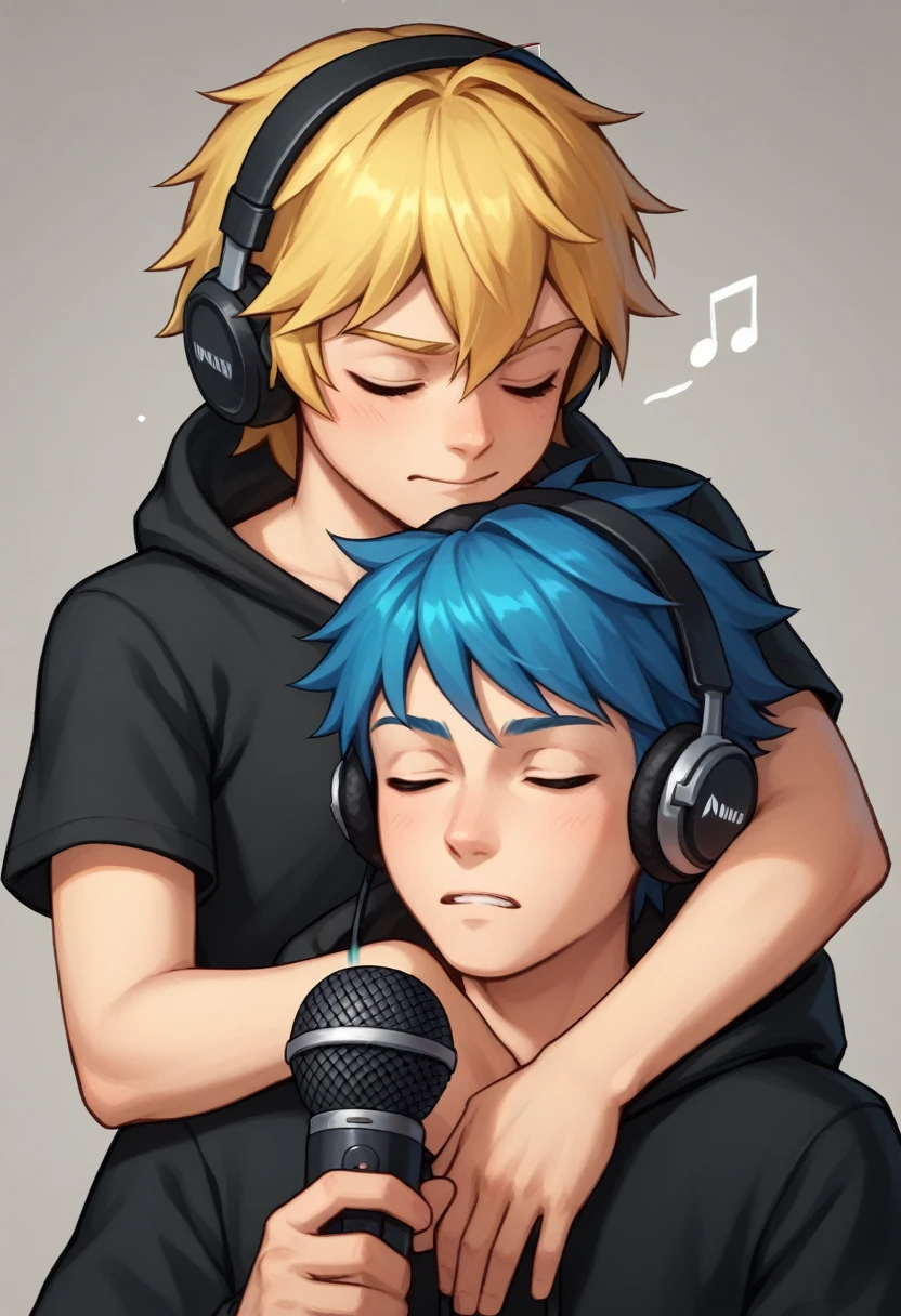 two characters,  The character on the left has blue hair, He is wearing headphones with a microphone and appears to be relaxed with his eyes closed.. His clothing includes a light-colored T-shirt with a symbol on the chest.. The character on the right has blonde hair with a black headband, also with eyes closed, and wears a black hoodie with red details. Both characters seem to be in a comfortable position, as if they were resting or enjoying a quiet moment together. The background has a soft effect, possibly simulating a sunset or a warm and cozy atmosphere.